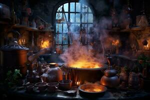 An eerie scene of a witch potion laboratory photo