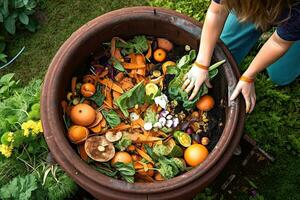 Top view of  composting food waste in backyard compost bin garden ,  Generative AI. photo