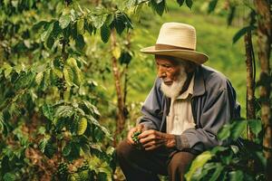 Old man South America farmer picking coffee beans at farm ,Generative AI photo