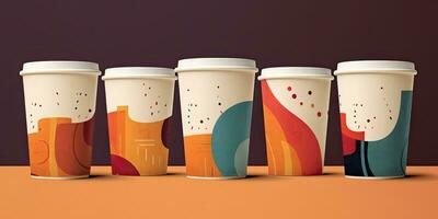 Set of disposable coffee cups with abstract drawing. Coffee to go or take away coffee concept.  ,Generative AI photo