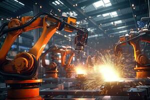 Robotic arms in a car plant at line  factory , Generative AI . photo