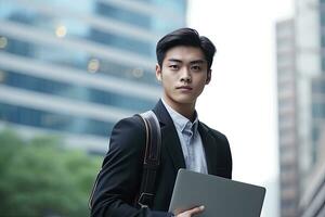 Asia young businesman with laptop , tall building background ,Generative AI. photo