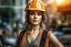 A female worker on the background of the construction site,Generative AI . photo