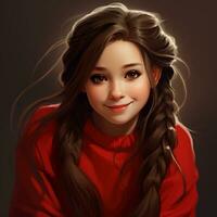 hermosa simulando niña con largo pelo colas gemelas vistiendo rojo suéter foto