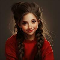 Beautiful similing girl with long hair twintails wearing red sweater photo