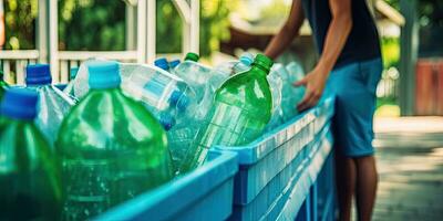 Close up hand separating waste plastic bottles into recycling bins is to protect the environment , copy space for text  ,Generative AI photo