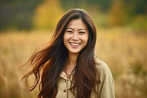 asiático mujer en 30s sonriente, largo cabello, país sitio antecedentes ,generativo ai foto