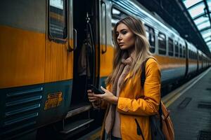 Beautiful young woman with a backpack uses the phone while standing near the railroad train on the platform , Generative AI photo