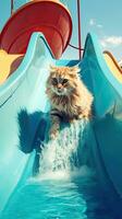el contento gato montando en el diapositiva en el agua parque, generativo ai. foto