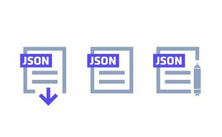 JSON format, download file, edit document icons vector