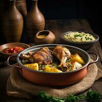 Chicken muamba, Gabon food, rustic style background, copy space,Generative AI. photo