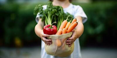 Close up hand kid hand holding a reusable shopping bag with vegetables in the background at a local kid market  ,Generative AI photo