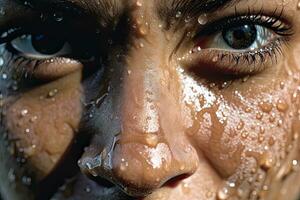 Close up professional woman  athlete with  focus in his eyes and sweat pouring down.Generative AI photo