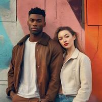 Interracial young couple dating outdoors, colored and modern urban background ,Generative AI photo