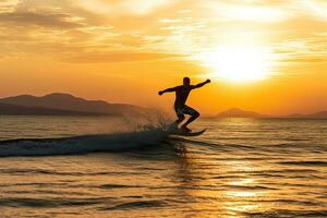 Silhouette of a man on a wakeboard taking off over. Generative AI. photo