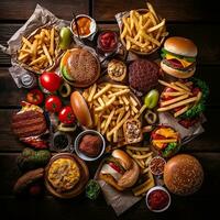 Assorted various Fast food on a dark rustic background ,generative AI photo