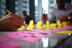 Businesswoman writing on adhesive note in office, Extreme Close Up Generative AI. photo