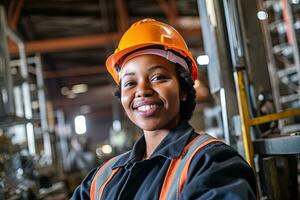 Happy african american women industrial professional standing in construction metallurgical , Generative AI . photo