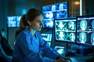 Doctor female of Professional Scientists Working Monitors Showing CT, MRI Scans Having Discussions and Working on Personal Computers. Generative AI photo