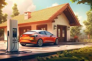 EV electric cars charging at a public charging station, Generative AI . photo