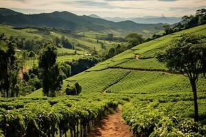 café plantaciones de sur America con un horizonte con montañas en el antecedentes ,generativo ai foto