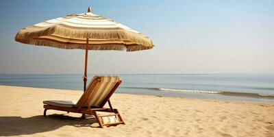 The beach chaise lounge and umbrella on sand .Generative AI photo