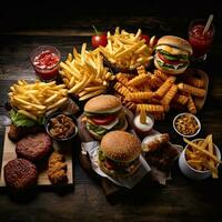 Assorted various Fast food on a dark rustic background ,generative AI photo