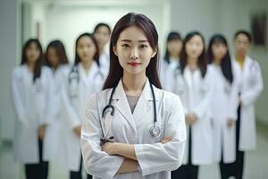 atractivo Asia hembra médico en frente de médico grupo , Copiar espacio ,generativo ai. foto