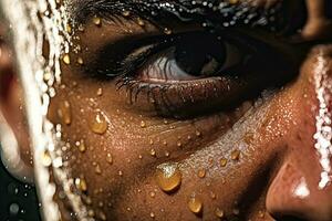 Close up professional athlete with  focus in his eyes and sweat pouring down.Generative AI. photo