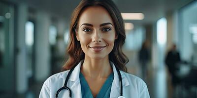 Portrait of female American doctor standing in hospital, copy space ,Generative AI. photo