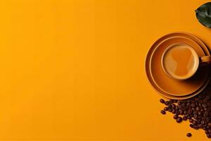 Top view cup of coffee with coffee beans on the wooden background.  Generative AI photo