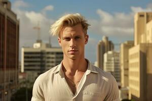 Australia man in 30s, blonde hair, building background ,Generative AI photo