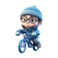 schattig 3d karakter jongen slijtage een jasje en rijden een fiets, transparant achtergrond PNG