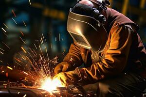 A worker while doing a welding with arc welder power plant  at factory ,Generative AI . photo