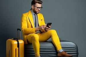 un hermoso hombre sentado en maleta y utilizando teléfono inteligente en gris fondo generativo ai foto