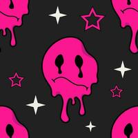 Emo pattern on a black background with an acid pink sad smile and stars. Trend pattern in retro style of the 2000s vector