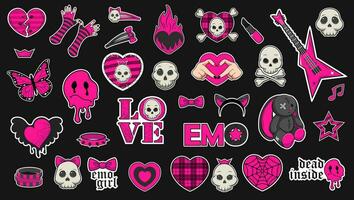Set of trendy emo stickers in black and acid pink colors. Emo attributes, skulls, sad emoticons, hearts with patterns, game console with game over, clothing items-01 vector