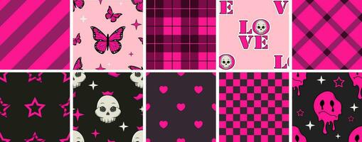 Set of trendy emo patterns of the 2000s in black and acid pink colors. Pattern with skulls, hearts, stars, butterflies, sad flowing smile vector