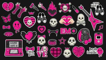 Set of trendy emo stickers in black and acid pink colors. Emo attributes, skulls, sad emoticons, hearts with patterns, game console with game over, clothing items vector