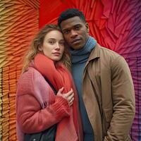 Interracial young couple dating outdoors, colored and modern urban background ,Generative AI photo