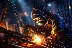 A worker while doing a welding with arc welder power plant  at factory ,Generative AI . photo