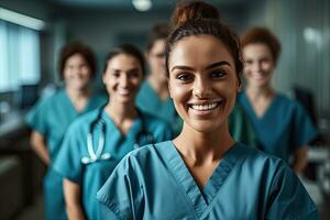 sonriente hembra médico en pie con médico colegas en un hospital ,generativo ai. foto