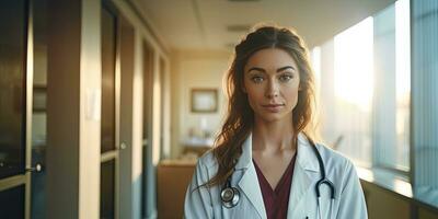 Smiling female south american doctor standing in hospital, copy space advertising messag ,Generative AI. photo