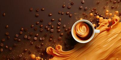 Cup of coffee latte tree shape and coffee beans on old wooden background ,Generative AI photo