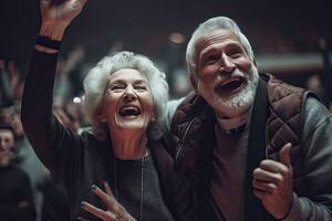 contento mayor Pareja retirado ,alegría en tu favorito baloncesto equipo, baloncesto aficionados, a el baloncesto estadio. creado con generativo ai. foto