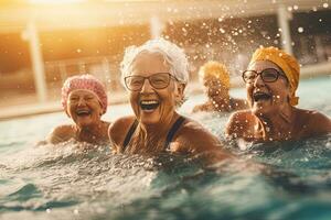 grupo de mayor mujer teniendo un explosión en un agua aeróbicos sesión a un al aire libre nadando piscina ,generativo ai foto