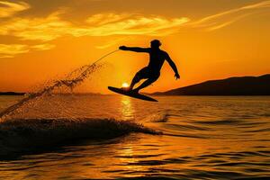 Silhouette of a man on a wakeboard taking off over. Generative AI. photo