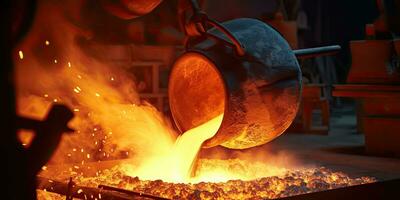 Close up cast iron process, liquid molten metal pouring in ladle, industrial metallurgical foundry factory, heavy industry. Generative AI. photo