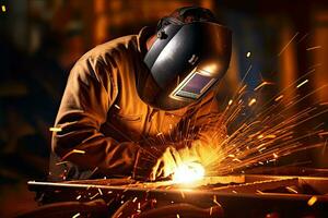 A worker while doing a welding with arc welder power plant  at factory ,Generative AI . photo