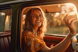 contento hermosa caucásico mujer viaje en el la carretera con ventana un coche , generativo ai foto